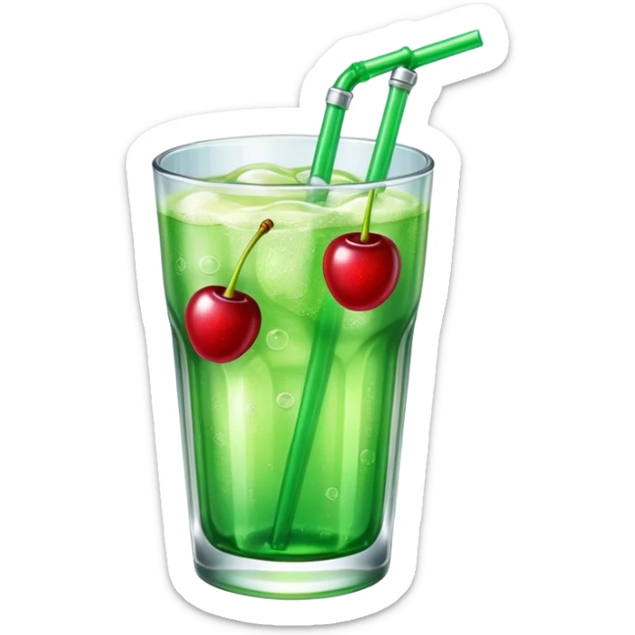 Create an emoji with a clear rounded glass, bright transparent green soda with fine bubbles, a smooth vanilla scoop, a glossy red cherry, using vibrant colors, soft shading, and clear glass highlights.
 sticker