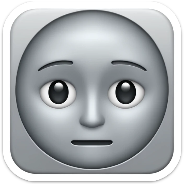 minimalist illustration of a neutral gray emoji face, pixelated and metallic, representing emotional isolation through algorithms. cold tone, grayscale color palette, subtle noise texture, geometric and mechanical look, emotionless expression, digital abstraction, soft vignette on white background. sticker