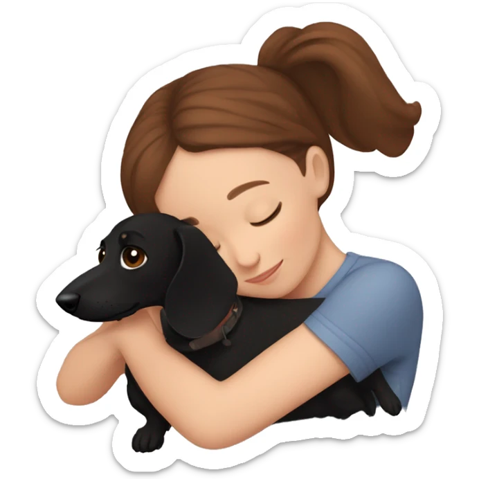 Girl with brown hair snuggling a black dachshund sticker