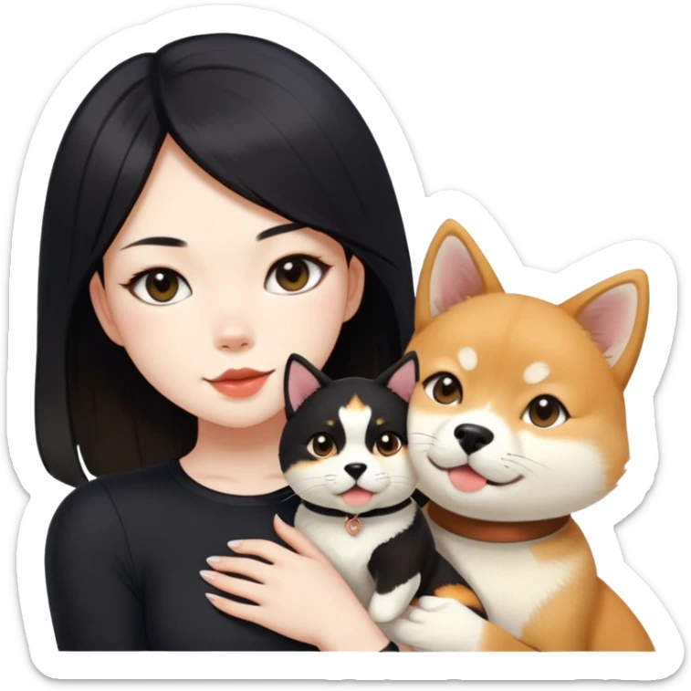girl with black shoulder-length hair wearing a black tight-fitting top with a calico cat with white mouth and a shiba inu dog sticker