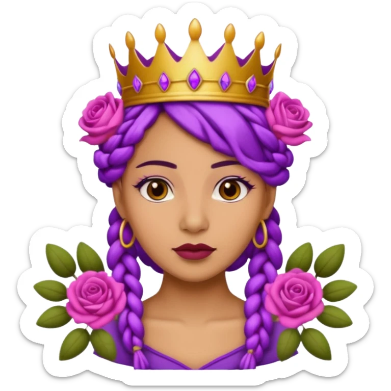 Crown Olive skin queen with purple braids, brown eyes surrounded by roses sticker