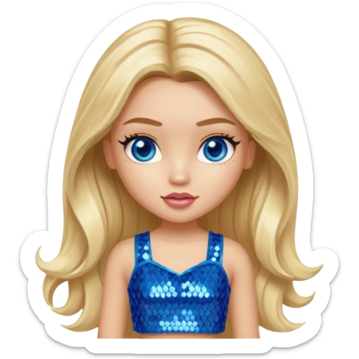 Cloe from Bratz with long light blonde hair, light skin, blue eyes, blue sequin crop top sticker