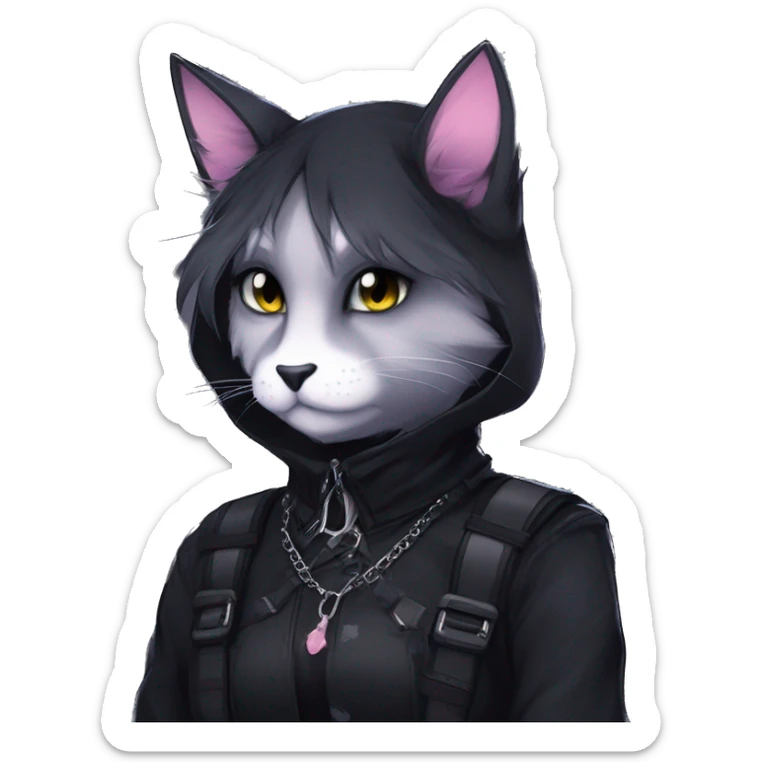 Gorgeous furry gothic dark techwear anime style anthro black cat fursona with blushing face aesthetic and pretty edgy black with collar and harness trending style sticker