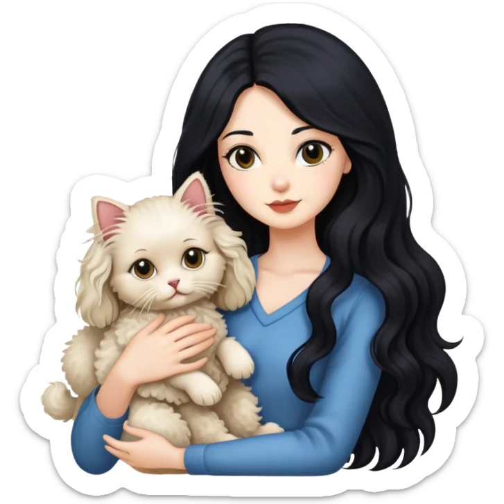 Lady with long black hair, with Ragdoll cat and small poodle  sticker