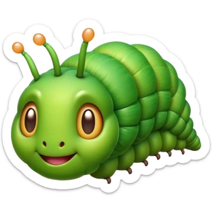 Cinematic Realistic Cute Caterpillar Portrait Emoji, Head tilted playfully and inquisitively, featuring a compact, segmented body in bright, vibrant green with delicate, inviting textures and a charming, rounded face with sparkling eyes full of curiosity, rendered with lifelike detail and natural highlights, high shine, affectionate and spirited, styled with a touch of garden whimsy, soft glowing outline, capturing the essence of a mischievous yet lovable caterpillar that seems poised to crawl cheerfully into your arms! sticker