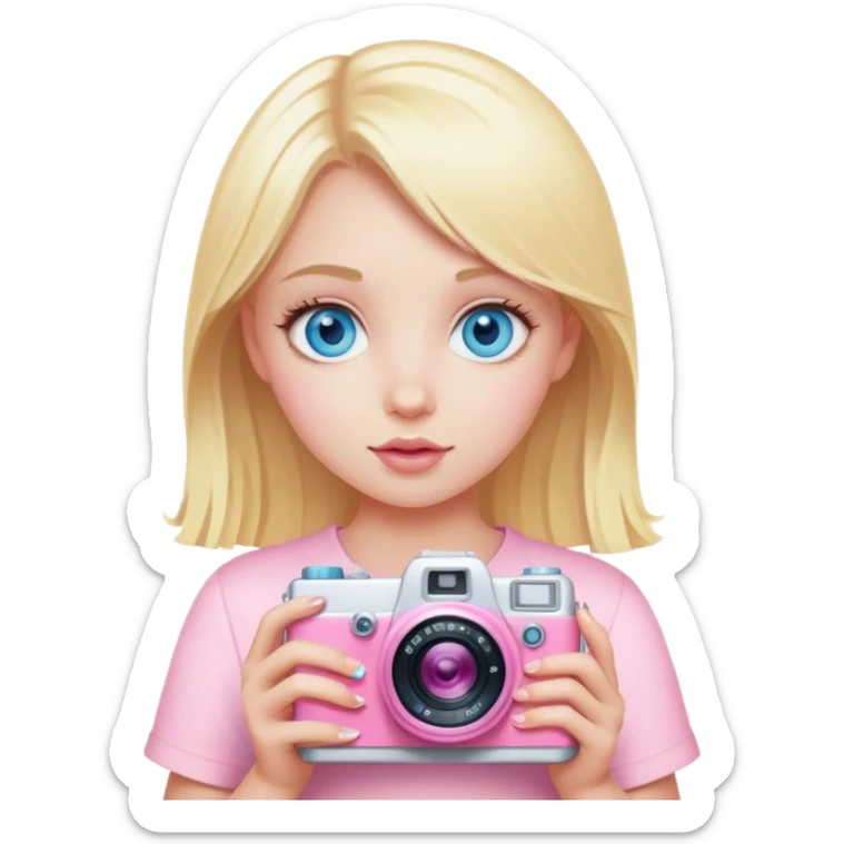 Blonde girl with blue eyes and a baby pink camera sticker