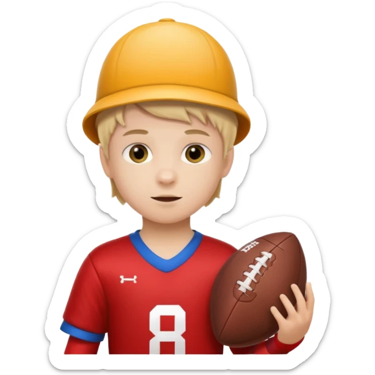A child stands in a football costume, holding an actor's hat sticker