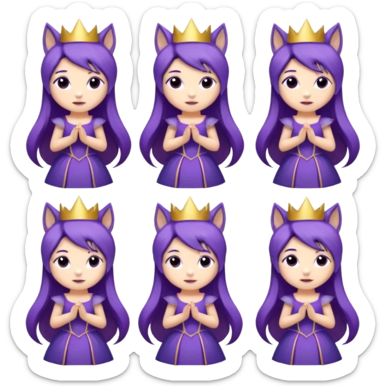 A collection of twelve chibi-style illustrations of a cute princess wearing a purple dress and crown with purple hair and purple wolf ears and purple wolf tail character. Each square shows the character doing different things against a white background And make a gap between each illusion sticker
