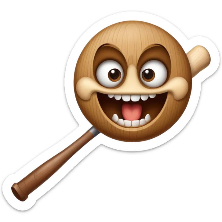 Brown baseball bat with cartoon eyes, a nose, and an open mouth showing teeth sticker