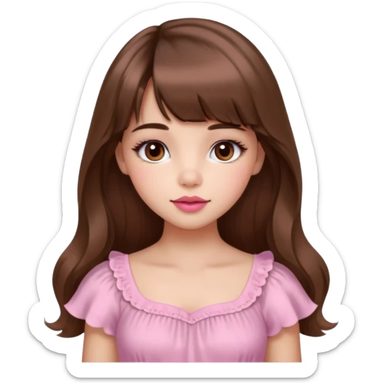 A cute girl with medium skin, soft pinkish cheeks, large bambi dark hazel eyes with long eyelashes, long wavy brown hair with bangs, medium straight nose with a soft tip, medium natural red lips, very feminine and pretty features, wearing a beautiful pink dress.l sticker
