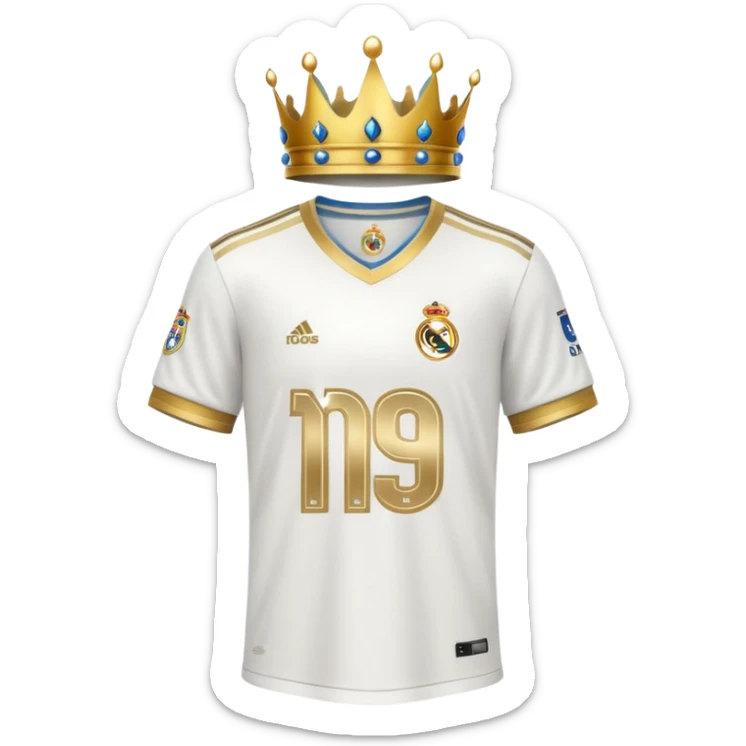 Real Madrid inspired white football jersey with gold accents and a crown sticker