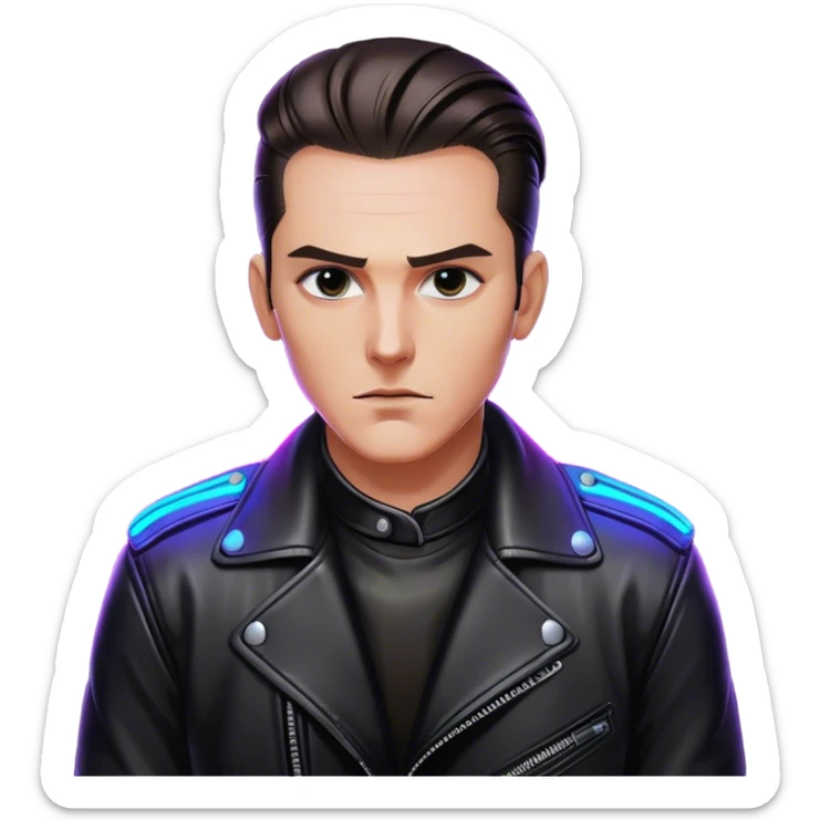 A lone biker with slicked-back hair, wearing a leather jacket, his face partially lit by neon lights sticker