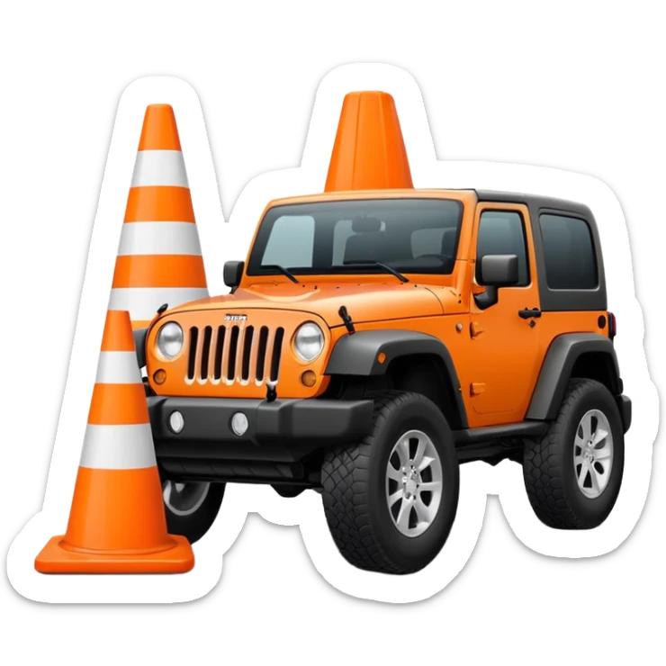Jeep Wrangler running over an all-white traffic cone, tire contact visible, emoji style sticker