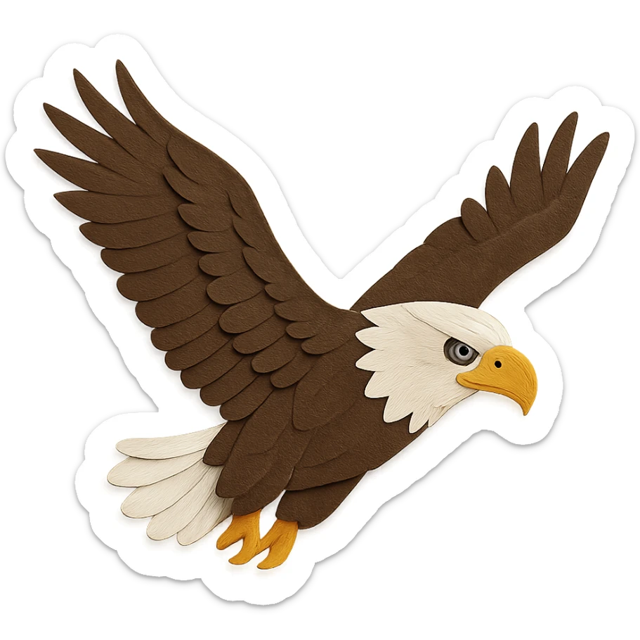 close-up of a flying bald eagle, paper craft style, fine paper edges, intense gaze, white and brown feather patterns, yellow beak, wings extended sticker