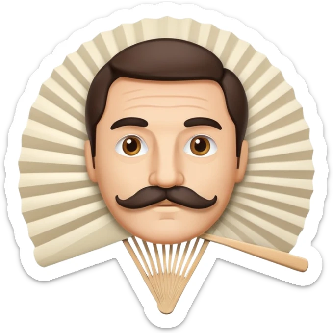 Folding paper fan with an Italian man with mustache printed as decoration on the fan surface sticker