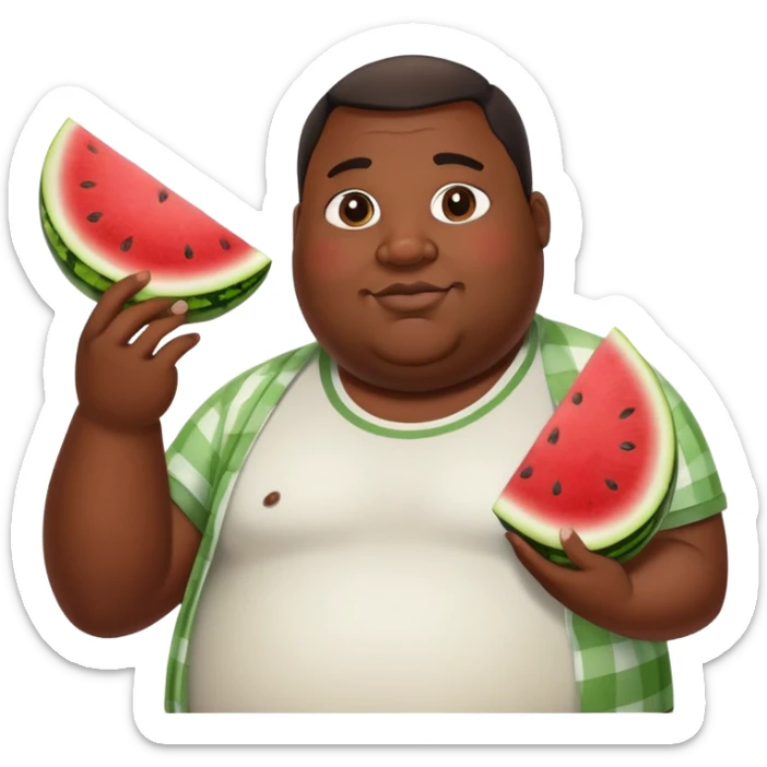 fat black man holding a chicken wing in his right hand and a watermelon slice in his left sticker