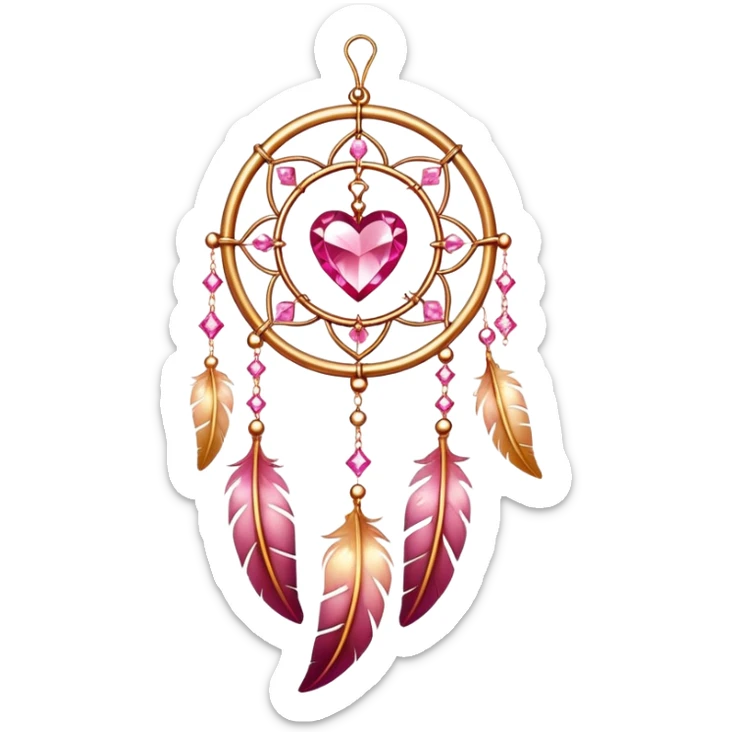 Reddish-pinkish and golden warm-colored romantic lush beautiful pretty hanging crystal-catcher aesthetic with hearts and sparkles and feathers sticker