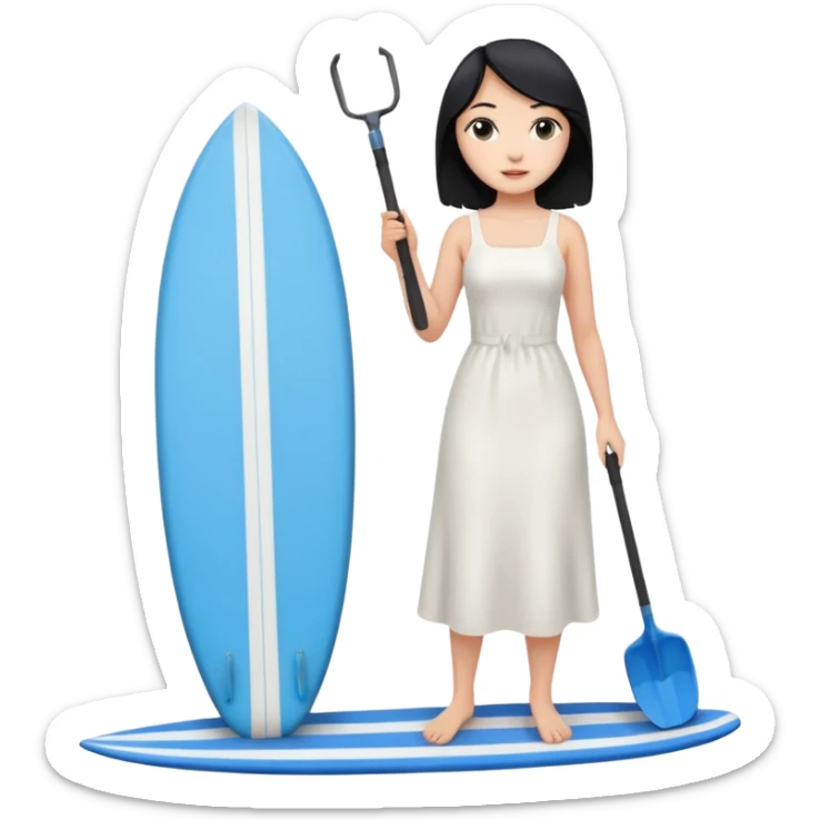 Princess who wearing white dress (woman) black hair holding her phone with her hand and holding long shovel with another hand. Under her feet, there is one blue surfing board. sticker