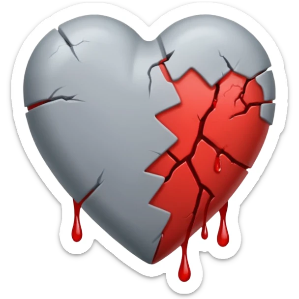 Un corazón roto de color gris con grietas  sangrando y expulsando sangre rodeado de vendas y tiritas que se despegan sin hacer efecto sticker