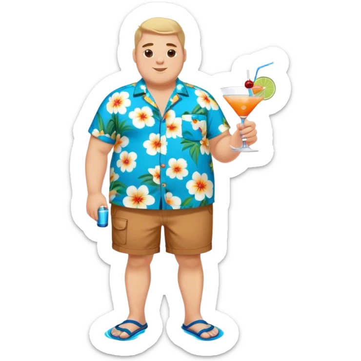 chubby guy full figure in a flowered azure havai shirt, brown shorts and flippers holding a cocktail sticker