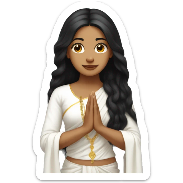 Light skin ;Black long hair wearing white saree praying infront a white temple sticker