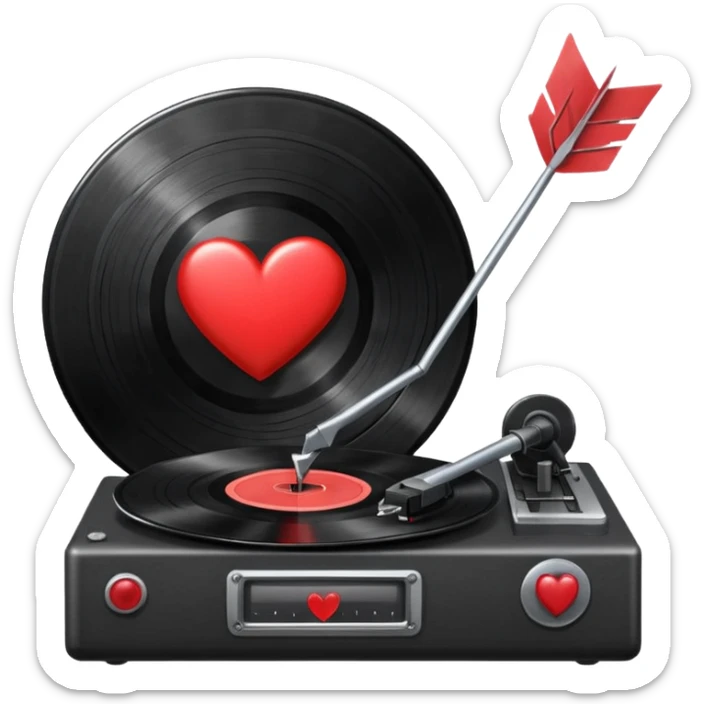 A black vinyl record with a red heart with and arrow through it on it on a record player  sticker