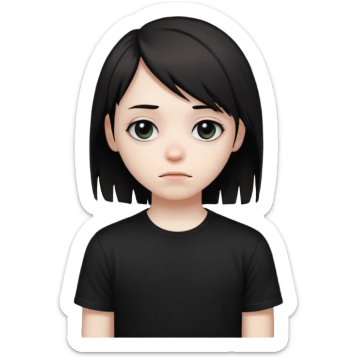 emo teen face only, dark hair over one eye, pale skin, shy expression sticker