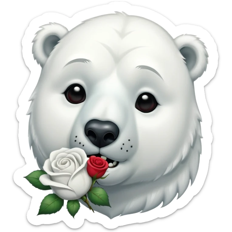 a polar bear with kissing face and an accentuated jaw line that is crying with a dead rose next to it sticker