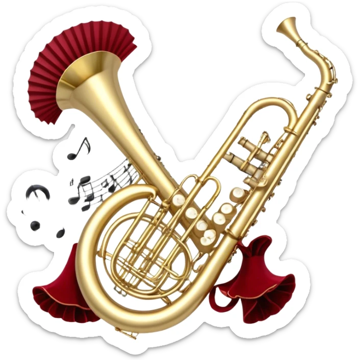 Create a festive and elegant emoji collage featuring a bouquet or fan of bells of wind instrument  (trumpets, saxophones, trombones, tubes, etc.) arranged in a radiant, symmetrical pattern. The instruments should have polished, golden and silver finishes, with their large, shiny bells forming a beautiful, fan-like display. Include a flowing ribbon of musical notes swirling through the center, conveying movement and melody. The background should feature a deep red velvet texture, adding a touch of luxury and sophistication. The overall composition should be balanced, with an elegant and regal feel, with a transparent background to keep focus on the instruments and musical elements. sticker