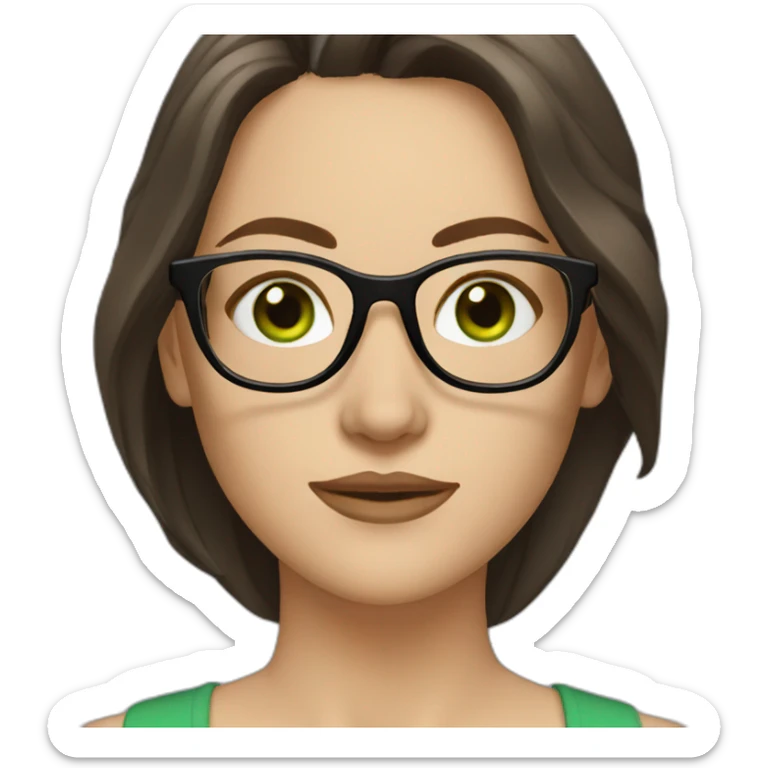 White woman with long dark brown hair and green eyes using glasses writing sticker