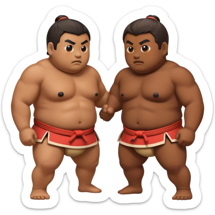 Cinematic Realistic Sumo Wrestling Emoji, depicted as an intense sumo match featuring powerful wrestlers in traditional mawashi, rendered with rich textures and dynamic dramatic lighting that captures the raw intensity of the sport. sticker