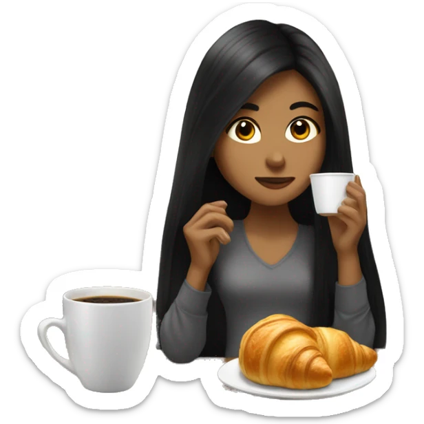 a girl with long black hair drinks coffee and eating a croissant sticker