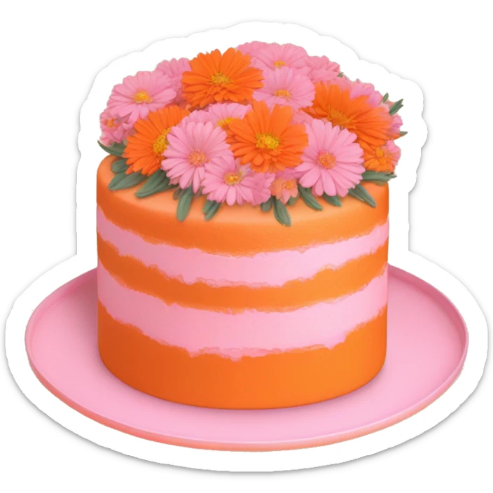 pastel pink and orange cake on orange plate with light pink mums and cosmos and zinnias sticker