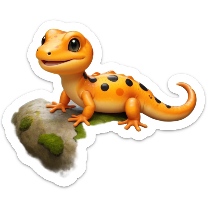 A 3D cartoon salamander on a mossy rock, orange and black spots, smooth shiny skin, small smiling face, soft realistic lighting, Memoji-style look. sticker