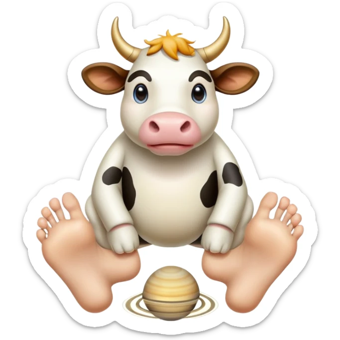 A cow-headed Saturn planet hybrid standing on huge human feet with toes, with Saturn's rings tilted around the middle of the body sticker