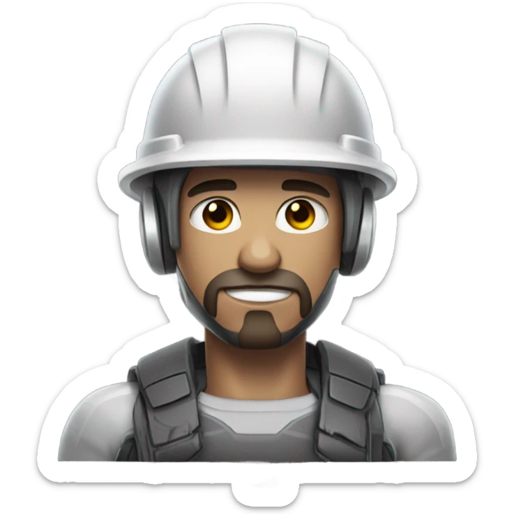 muscular cyborg face half human with short straight, dark hair, hardhat, and a neatly trimmed beard sticker