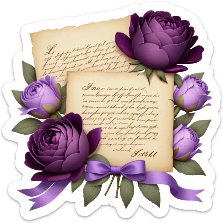 A handwritten love note on aged parchment, nestled within a bouquet of dusty purple peonies, velvety plum roses, and soft lavender blossoms, is delicately secured with a dusky amethyst satin ribbon, while a tiny, heart-shaped wax seal in deep violet adds an elegant, vintage touch. sticker