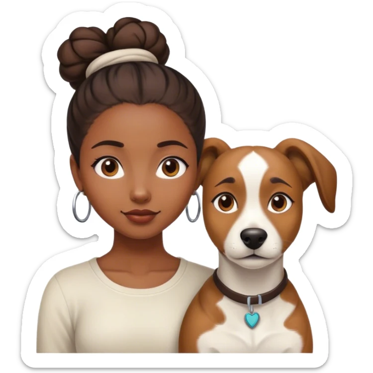 smart, 30 year old, brown African girl, back bun hairstyle, with one big white brown dog sticker