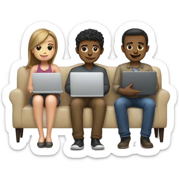 2 girl and 3 man each of them holding laptop and sit together  sticker
