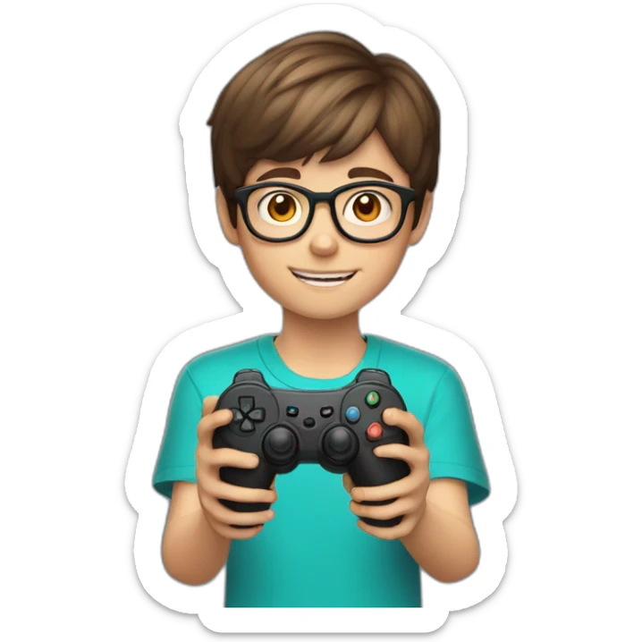 A 12-year-old boy with short brown hair and glasses holds a joystick in his hands sticker