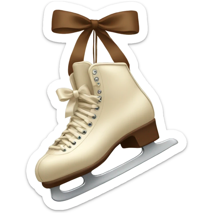 Cream color pair of ice skates hanging from a brown bow sticker