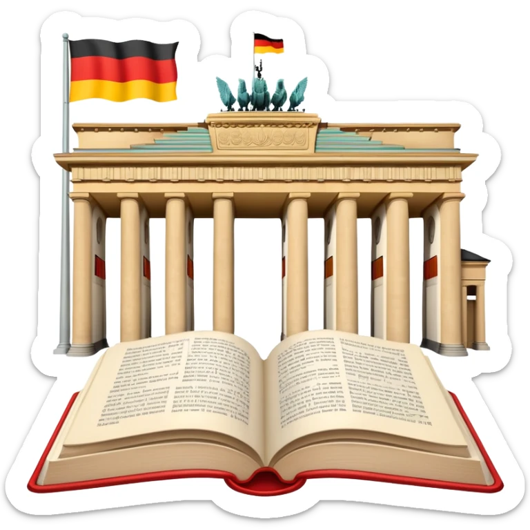 An icon featuring the Brandenburg Gate and the big flag of Germany, symbolizing the German language. The design includes an open book with German text representing language learning and German culture. Transparent background highlights the essence of German heritage. sticker