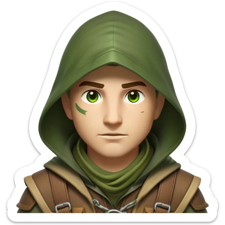 Clash of Clans aesthetic friendly Ranger Portrait Emoji, With a lean, agile build clad in earth-toned leather and green accents, a keen, focused gaze and a weathered hood shadowing determined eyes, his face rendered in a natural skin tone (not yellow), Simplified yet sharply defined features, highly detailed, glowing with a soft, natural woodland radiance, high shine, intelligent and resolute, stylized with an air of forest guardian authority, focused and alert, soft glowing outline, capturing the essence of a confident ranger ready to defend the wild with stealth and valor! sticker