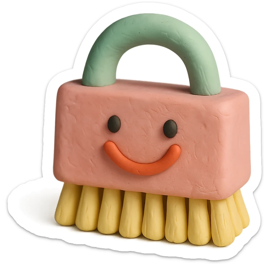 playful cleaning brush with a smiling face in claymation style, pastel colors sticker