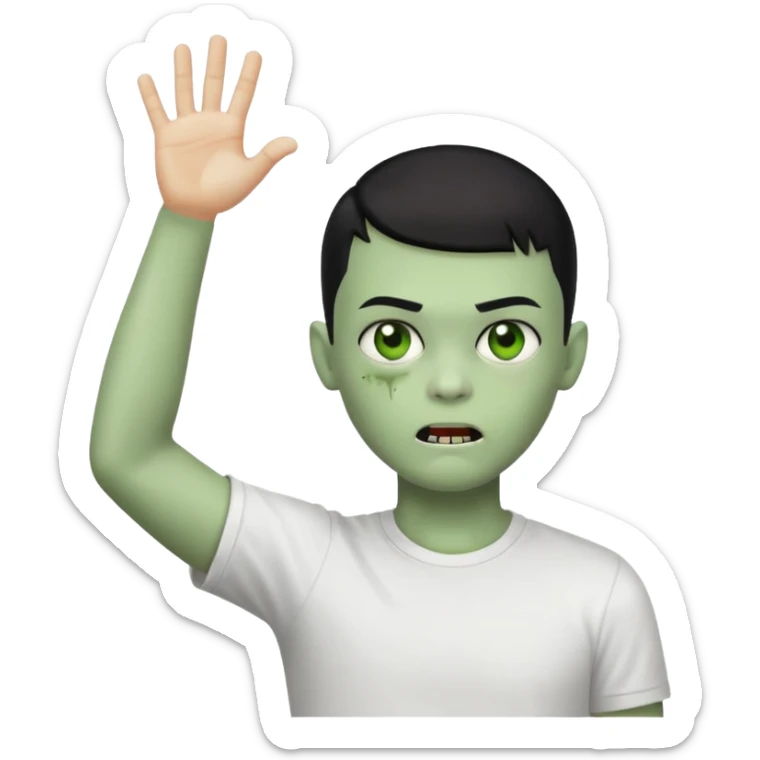 zombie boy with black buzz cut hair and white t shirt, arms raised, apple style emoji sticker