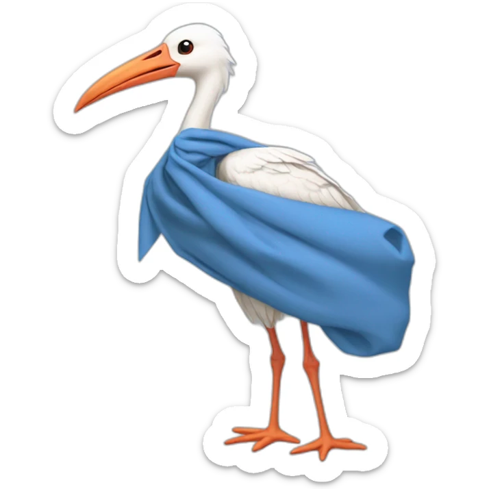 White stork carrying a blue bundle of cloth in its beak that has a human baby with dark hair and the baby head is peeking from the fabric bundle the strok is carrying with its beak sticker