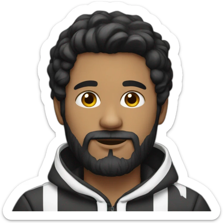 Man with dark hair and beard, black and white striped hoodie sticker