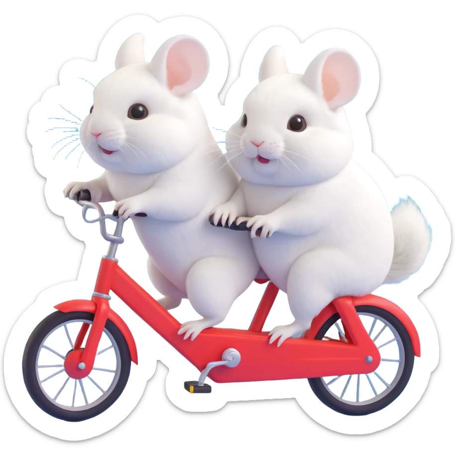 adorable white chinchilla pair on a two-seater bike, fluffy texture, whimsical sticker