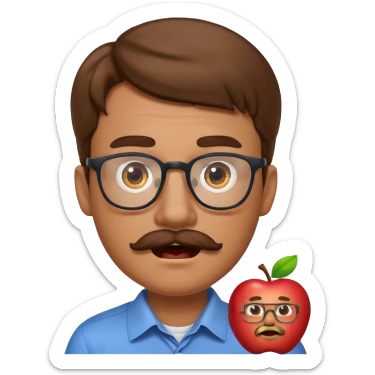 2D apple emoji style man with light skin, brown hair, mustache, glasses, surprised expression sticker