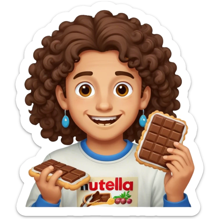 medium skin smiling boy with long curly hair and with earrings eating nutella biscuits ravenously sticker